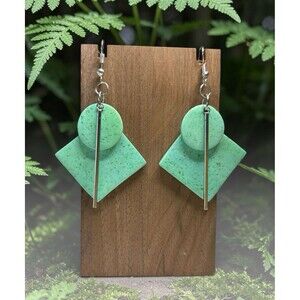 Handmade Green Flecked Long Dangle Polymer Clay Earrings Stainless Ear Wires